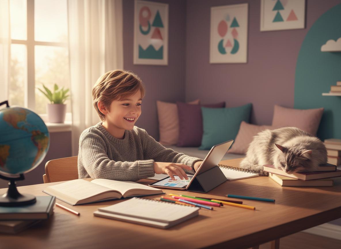 Child focused on schoolwork with colourful learning materials